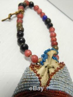 Old Early Antique Plains Cree Indian Pouch Contour Beaded Padre, Brass, Etc Bead