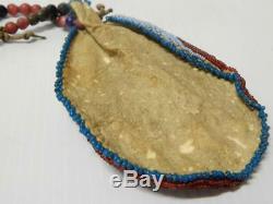 Old Early Antique Plains Cree Indian Pouch Contour Beaded Padre, Brass, Etc Bead