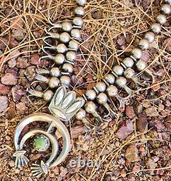 Old Navajo Squash Blossom Necklace 1920s Early Pawn Heavy Coin Silver Turquoise