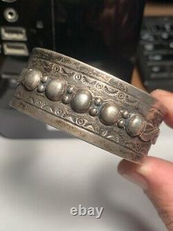 Old Pawn 1930's Early Navajo Ingot Silver Applique Bead Stamped Cuff Bracelet