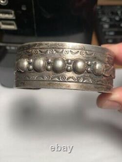 Old Pawn 1930's Early Navajo Ingot Silver Applique Bead Stamped Cuff Bracelet