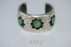 Old Pawn 1940's Or Early Navajo Cuff Bracelet With Natural Green Stone, Sterling