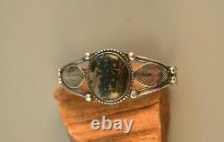 Old Pawn Early Hanstamped Navajo Indian Bracelet Picture Agate Stone 6 1/2