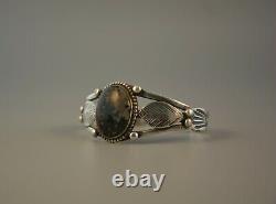 Old Pawn Early Hanstamped Navajo Indian Bracelet Picture Agate Stone 6 1/2