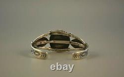 Old Pawn Early Hanstamped Navajo Indian Bracelet Picture Agate Stone 6 1/2