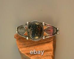 Old Pawn Early Hanstamped Navajo Indian Bracelet Picture Agate Stone 6 1/2