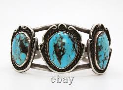 Old Pawn Early Navajo Sterling Silver Black Matrix Turquoise Cuff Bracelet