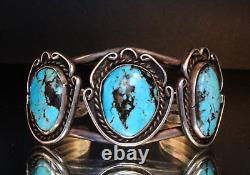 Old Pawn Early Navajo Sterling Silver Black Matrix Turquoise Cuff Bracelet
