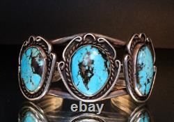 Old Pawn Early Navajo Sterling Silver Black Matrix Turquoise Cuff Bracelet