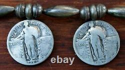 Old Pawn Navajo Sterling Silver Bench Beads Necklace With Early 1900's Coins