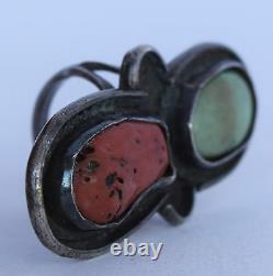 Old early Navajo Native American, Turquoise, Coral & Sterling silver large ring