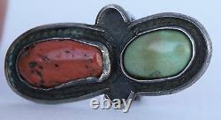 Old early Navajo Native American, Turquoise, Coral & Sterling silver large ring