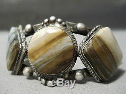 One Of Best Early 1900's Vintage Navajo Ingot Silver Petrified Wood Bracelet