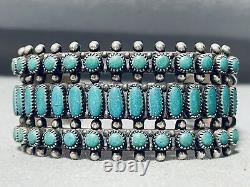 One Of Best Triple Row Early Vintage Navajo Turquoise Sterling Silver Bracelet