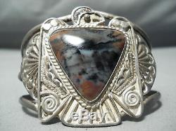 Opulent Early Vintage Navajo Petrified Wood Sterling Silver Thunderbird Bracelet