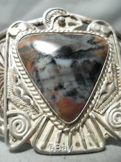 Opulent Early Vintage Navajo Petrified Wood Sterling Silver Thunderbird Bracelet