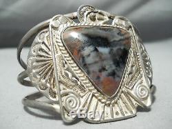 Opulent Early Vintage Navajo Petrified Wood Sterling Silver Thunderbird Bracelet