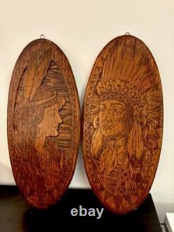 Pair 2 Indian Chief Wife Native American Antique Flemish Wood Pyrography 953