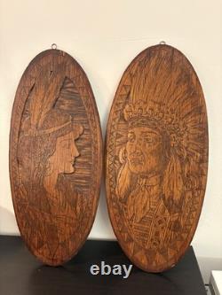 Pair 2 Indian Chief Wife Native American Antique Flemish Wood Pyrography 953