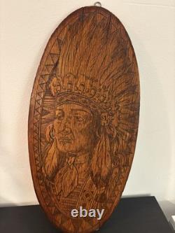 Pair 2 Indian Chief Wife Native American Antique Flemish Wood Pyrography 953