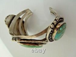 R987 Very Early Sterling Silver and Turquoise Fred Harvey Style cuff Bracelet