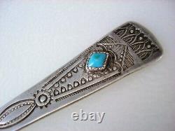 RARE EARLY NAVAJO HANDWROUGHT INGOT SILVER SPOON with TURQUOISE STONE