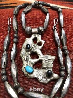 RARE EARLY NAVAJO PEARL BENCH BEADS SLAG STERLING SILVER TURQUOISE Vtg NECKLACE