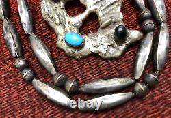 RARE EARLY NAVAJO PEARL BENCH BEADS SLAG STERLING SILVER TURQUOISE Vtg NECKLACE