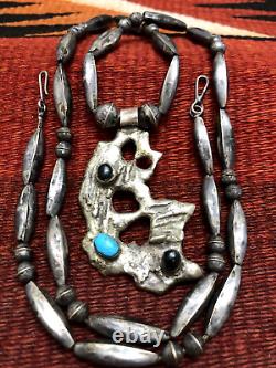 RARE EARLY NAVAJO PEARL BENCH BEADS SLAG STERLING SILVER TURQUOISE Vtg NECKLACE