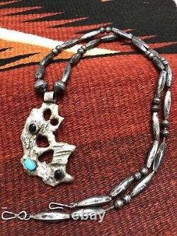 RARE EARLY NAVAJO PEARL BENCH BEADS SLAG STERLING SILVER TURQUOISE Vtg NECKLACE