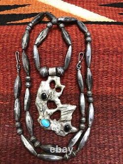 RARE EARLY NAVAJO PEARL BENCH BEADS SLAG STERLING SILVER TURQUOISE Vtg NECKLACE