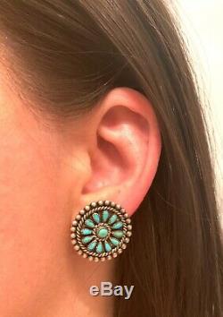 RARE Old Pawn Early Navajo Handmade Sterling & Turquoise Cluster Earrings