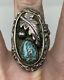 Rare Signed Ra Early Heavy Cast Navajo Sterling Silver Turquoise Mens Ring 26g