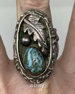 RARE Signed RA Early Heavy Cast Navajo Sterling Silver Turquoise Mens Ring 26g
