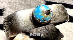 RARE early Southwestern TURQUOISE sterling cuff bracelet 7 geometric stamping