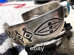 RARE early Southwestern TURQUOISE sterling cuff bracelet 7 geometric stamping