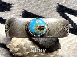 RARE early Southwestern TURQUOISE sterling cuff bracelet 7 geometric stamping