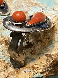 Rare EARLY 1950s FRANK PATANIA SR Handmade Large Sterling Gem Red Coral Earrings