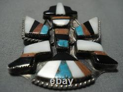 Rare Early 1900's Vintage Zuni Turquoise Coral Sterling Silver Pin Old