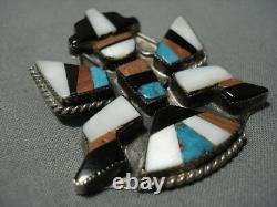 Rare Early 1900's Vintage Zuni Turquoise Coral Sterling Silver Pin Old