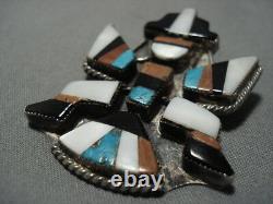 Rare Early 1900's Vintage Zuni Turquoise Coral Sterling Silver Pin Old