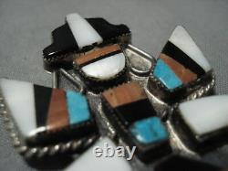 Rare Early 1900's Vintage Zuni Turquoise Coral Sterling Silver Pin Old