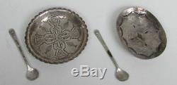 Rare Early 2 Native American Indian Sterling Silver Salt Dish & Spoon Set