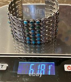 Rare Early Fred Harvey Era Navajo 6 Row Coin Silver & Turquoise Cuff Bracelet