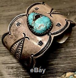 Rare Early Hand Wrought Ingot Coin Silver Gem Turquoise Cuff Bracelet 121G Sign