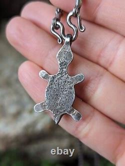 Rare Early Native Turtle Pendant Harvey Era Stamped Turquoise Sterling Navajo