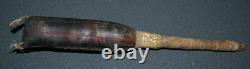 Rare Early Navajo rawhide rattle deeply incised painted red, blue arrow lighting