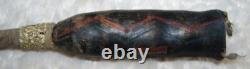 Rare Early Navajo rawhide rattle deeply incised painted red, blue arrow lighting