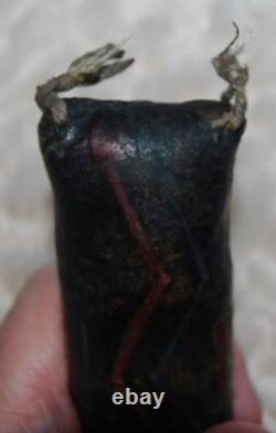 Rare Early Navajo rawhide rattle deeply incised painted red, blue arrow lighting