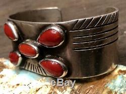 Rare Early Old Pawn Hand Wrought Ingot Coin Silver & Gem Red Coral Cuff Bracelet